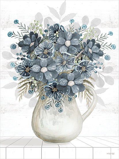 Cindy Jacobs CIN4645 - CIN4645 - Hush of Blue - 12x16 botanical, still life, floral, greenery, leaves, flowers, vase, pitcher, bouquet, wood panel, table, modern farmhouse, painterly, watercolor, neutral from Penny Lane