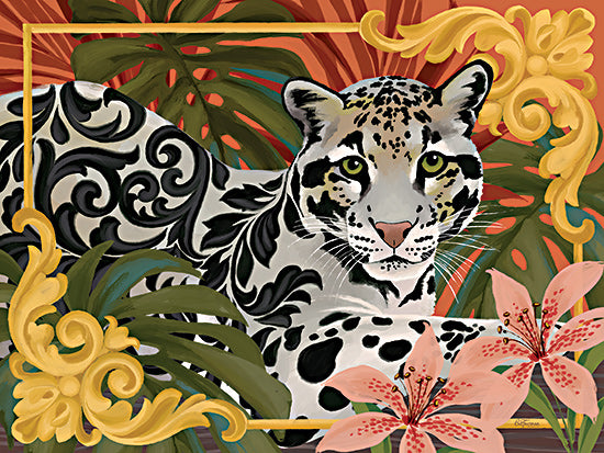 Cat Thurman Designs CTD331 - CTD331 - Clouded Leopard - 16x12 snow leopard, baroque pattern, jungle decor, fantasy jungle, pink lilies, ornate frame, vivid colors, stylized animal, decorative wildlife from Penny Lane