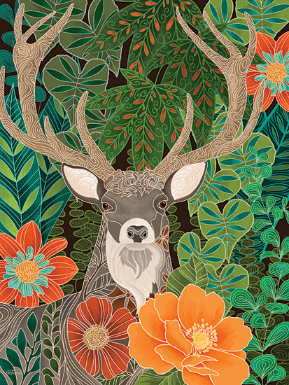 Cat Thurman Designs CTD332 - CTD332 - Forest Deer - 12x16 deer illustration, forest foliage, antlers, botanical art, orange flowers, intricate patterns, stylized nature, folk animal art from Penny Lane