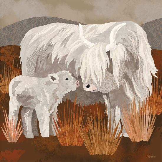 Cat Thurman Designs CTD364 - CTD364 - Precious Pair - 12x12 White highland cow, calf, maternal moment, bond, textured fur, grassy terrain, moody sky, baby animal, nurturing, family scene from Penny Lane