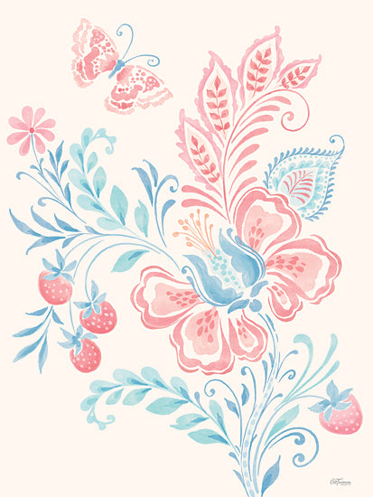 Cat Thurman Designs CTD432 - CTD432 - Delicate Delight - 12x16 pink and turquoise floral illustration, butterflies, strawberries, whimsical folk art, bright pastel design, feminine botanical print, decorative pattern from Penny Lane