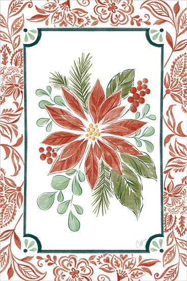 Cat Thurman Designs CTD456 - CTD456 - Very Merry Poinsettia Bloom - 12x18 poinsettia flower, red petals, green leaves, pine needles, mistletoe, Christmas floral art, holiday botanical, decorative border, watercolor painting from Penny Lane