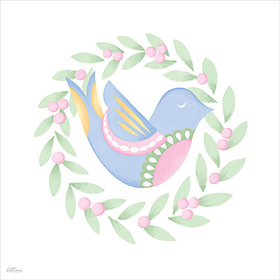 Cat Thurman Designs CTD465 - CTD465 - Pastel Christmas Dove - 12x12 blue bird wreath, pastel bird illustration, spring bird, floral wreath, green leaves, pink berries, nursery art, whimsical nature, simple folk style, Scandinavian inspired, minimal white background, decorative wall art, cheerful bird from Penny Lane