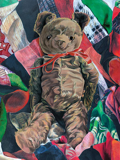 Cat Thurman Designs CTD467 - CTD467 - Vintage Teddy - 12x16 realistic teddy bear plush toy, stuffed animal bear, red ribbon bow, colorful fabric background, childhood keepsake, soft toy, nostalgic bear, painterly portrait, cozy textile folds, sentimental nursery art, detailed fur texture, whimsical plush from Penny Lane