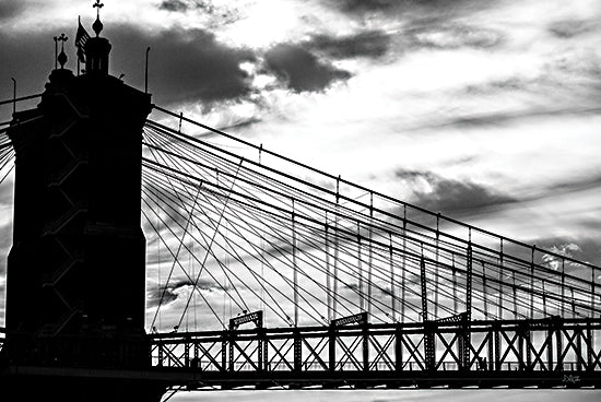 Donnie Quillen DQ307 - DQ307 - The Crossing at Dusk - 18x12 black and white suspension bridge silhouette, cloudy sky, bridge cables, urban skyline detail, dramatic moody photography, Cincinnati bridge, architectural structure, monochrome cityscape, high contrast, industrial lines, landmark travel image from Penny Lane