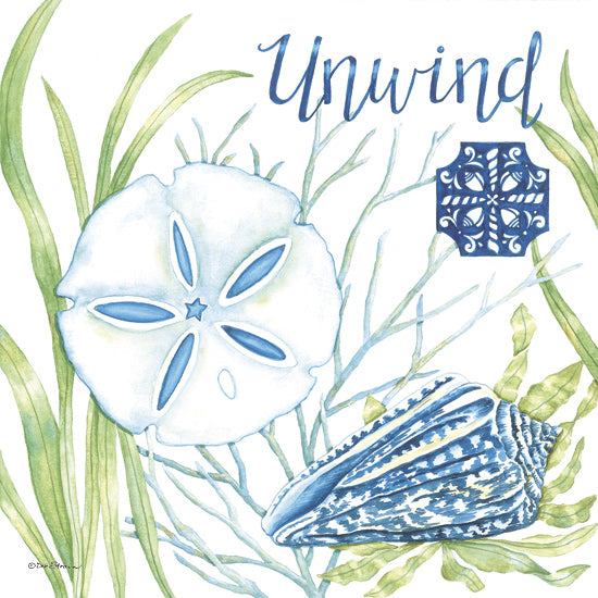 Deb Strain DS2430 - DS2430 - Seaside Unwind - 12x12 watercolor art, sand dollar, seashell, seaweed, unwind text, ocean theme, relaxation, coastal decor, blue and green palette, seaside calm from Penny Lane