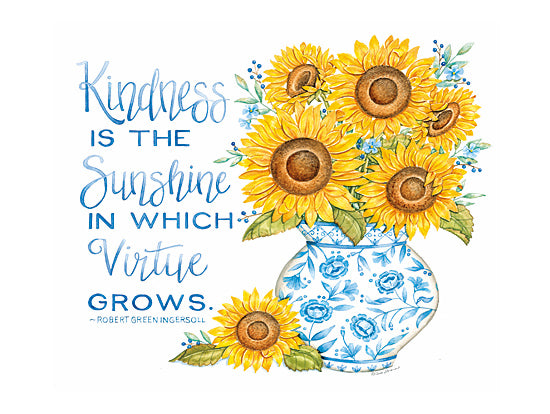 Deb Strain DS2448 - DS2448 - Kindness Sunflowers - 16x12 watercolor sunflower bouquet, blue and white vase, kindness quote, kindness is the sunshine in which virtue grows, Robert Green Ingersoll, yellow flowers, floral still life, hand lettering, inspirational wall art, cheerful garden decor from Penny Lane