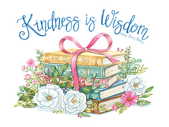 Deb Strain DS2449 - DS2449 - Books & Flowers I - 16x12 watercolor stack of books, pink ribbon bow, white flowers, greenery, kindness is wisdom quote, Philip James Bailey, hand lettering, literary floral art, inspirational typography, feminine book decor, botanical accents from Penny Lane
