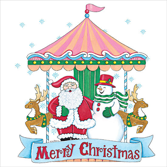 Deb Strain DS2455 - DS2455 - Merry Christmas Carousel - 12x12 watercolor Christmas carousel, Santa Claus, snowman, reindeer, merry Christmas banner, pink and green carnival canopy, snowflakes, festive holiday amusement ride, whimsical Christmas illustration, cheerful seasonal decor from Penny Lane