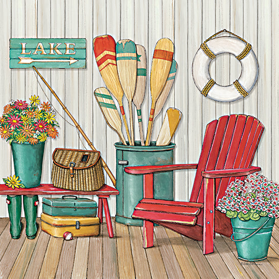 Deb Strain DS2487 - DS2487 - Coastal Front Porch - 12x12 hobbies & entertainment, holidays & seasonal, still life, home spaces, summer, porch, paddles, oars, fishing rod, adirondack chair, life preserver, lake, cottage, whimsical, decorative, digital illustration, multicolor from Penny Lane