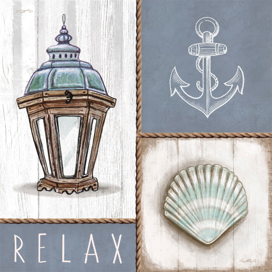 Elizabeth Tyndall ET318 - ET318 - Coastal Relax - 12x12 Coastal, Relax, Typography, Signs, Textual Art, Shell, Lantern, Anchor, Rope from Penny Lane