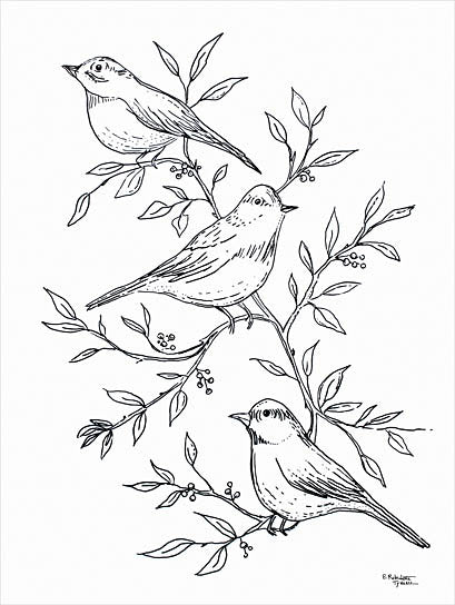 Elizabeth Tyndall ET395 - ET395 - Botanical Birds I - 12x16 bird illustration, black and white line art, perched birds, botanical branches, minimalist nature drawing, woodland sketch from Penny Lane