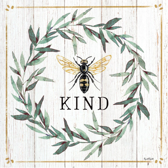 Elizabeth Tyndall ET607 - ET607 - Bee Kind - 12x12 bee wreath art, be kind text, farmhouse wall decor, nature-inspired illustration, honeybee, greenery wreath, rustic typography from Penny Lane