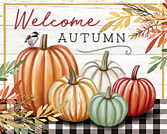 Elizabeth Tyndall ET626 - ET626 - Welcome Autumn Pumpkins - 16x12 pumpkins, autumn, fall leaves, welcome sign, bird, farmhouse decor, harvest season, cozy colors, typography, modern farmhouse from Penny Lane