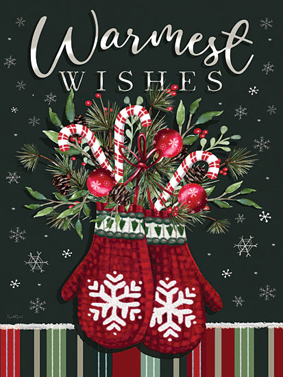 Elizabeth Tyndall ET629 - ET629 - Warmest Wishes Mittens - 12x16 warmest wishes christmas art, winter mittens, candy canes, pine greenery, festive holiday illustration, seasonal greeting from Penny Lane