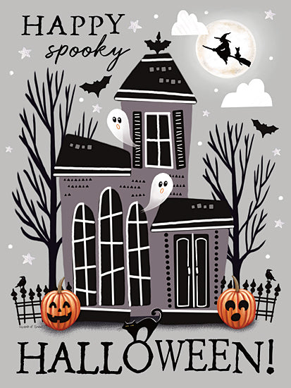 Elizabeth Tyndall ET633 - ET633 - Happy Spooky Halloween! - 12x16 Halloween, haunted house, bats, moon, witch, ghosts, pumpkins, spooky, festive, whimsical Halloween art from Penny Lane