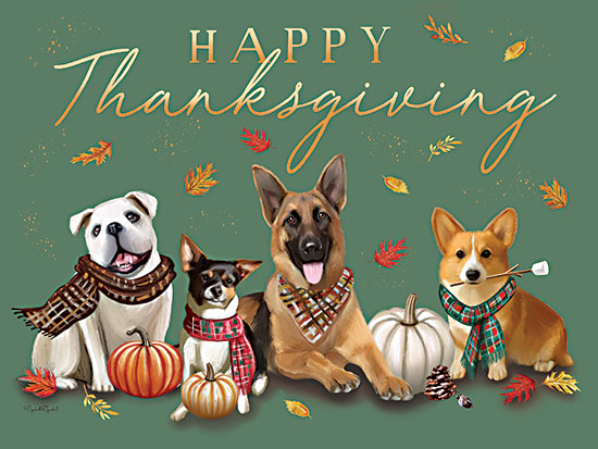 Elizabeth Tyndall ET640 - ET640 - Happy Thanksgiving Dogs - 16x12 happy thanksgiving dogs, autumn pets, pumpkins, scarves, leaves, harvest decor, festive dog illustration, green background, whimsical pet artwork, seasonal thanksgiving sign, hand-painted lettering, cozy fall celebration, pet lover holiday art, playful animal characters from Penny Lane