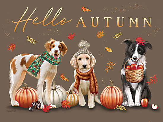 Elizabeth Tyndall ET642 - ET642 - Hello Autumn Dogs - 16x12 hello autumn, fall dogs, autumn wall art, whimsical dog illustration, pumpkins, falling leaves, scarf, knit hat, apples, pet portrait, seasonal decor, cozy autumn, playful pets, hand-painted, harvest season, green background, cute dog art, pumpkin decor, word art, thanksgiving season from Penny Lane