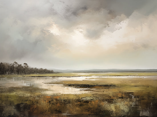 Heidi Kuntz HK206 - HK206 - Wetland   - 16x12 watercolor landscape, painterly brush strokes, nature scene, soft sky, rustic countryside, serene environment, artistic texture, scenic view, impressionistic style, calming tones from Penny Lane