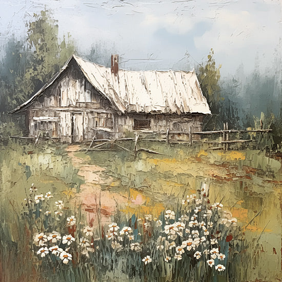 Heidi Kuntz HK232 - HK232 - Cottage Home   - 12x12 watercolor landscape, painterly brush strokes, nature scene, soft sky, rustic countryside, serene environment, artistic texture, scenic view, impressionistic style, calming tones from Penny Lane
