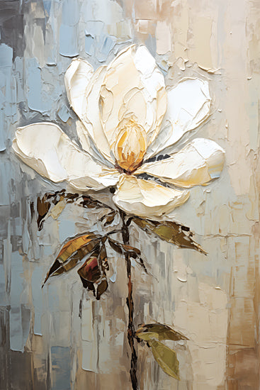 Heidi Kuntz HK248 - HK248 - Magnolia Stem   - 12x18 magnolia flower impasto, palette knife painting, neutral blue beige background, textured petals, single stem botanical, modern rustic floral, thick brushwork, contemporary wall art, southern magnolia, elegant composition from Penny Lane