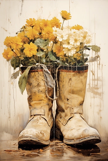 Heidi Kuntz HK277 - HK277 - Flower Pickin'    - 12x18 yellow flowers in boots, rustic decor, vintage shoes, floral arrangement, whimsical design, farmhouse aesthetic from Penny Lane