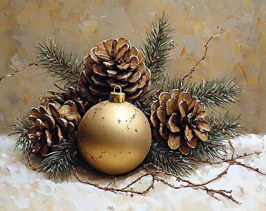 Heidi Kuntz HK390 - HK390 - Holiday Harmony    - 16x12 gold ornament, pinecones, green pine branches, festive decoration, golden background, snow detail, holiday theme, close-up Christmas decor, warm tones, painterly style from Penny Lane