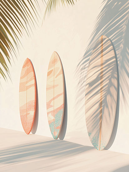 Heidi Kuntz HK412 - HK412 - Neutral Surf    - 12x16 surfboards, beach boards, palm shadows, tropical wall art, pastel surf decor, coastal lifestyle, summer sunshine, beach sports, ocean culture, mint and coral palette, minimalist vacation art, palm fronds, seaside leisure, modern coastal painting, boho beach decor, laid back summer, surf shack aesthetic, sunny tropical scene from Penny Lane