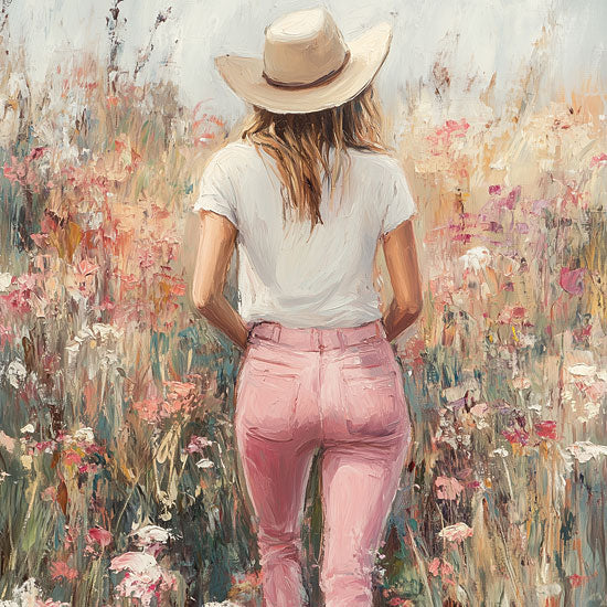 Heidi Kuntz HK414 - HK414 - Moment of Peace    - 12x12 woman in wildflower field, back view, pastel floral meadow, boho hat, pink jeans, impressionist brushstrokes from Penny Lane