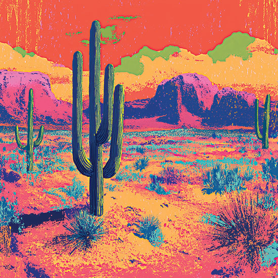 Heidi Kuntz HK427 - HK427 - Bright Desert  - 12x12 vibrant pop art desert landscape, saguaro cactus, neon pink orange yellow sky, colorful mountains, southwestern desert, bold contemporary texture, retro screenprint effect, cactus scene, western landscape from Penny Lane