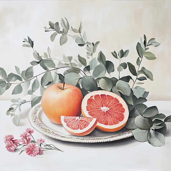 Heidi Kuntz HK440 - HK440 - A Touch of Tangy  - 12x12 Apple and grapefruit, botanical still life, vintage plate, lush greenery, soft pastel colors, classic decor from Penny Lane