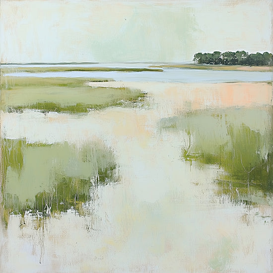 Heidi Kuntz HK463 - HK463 - Pastel Bayou  - 12x12 marsh landscape, coastal marsh, wetland, estuary, calm water, soft green reeds, waterscape, low country marsh, horizon line, tranquil landscape, pale pastel palette, serene nature scene, marsh grasses, reflective water, airy painting, coastal nature art, peaceful wetlands, subdued colors, minimalist landscape from Penny Lane