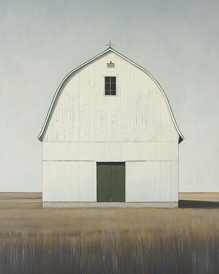 Heidi Kuntz HK470 - HK470 - Solo Barn   - 12x16 white barn, front facing barn, farmhouse decor, country wall art, minimalist rural scene, prairie landscape, weathered wood building, simple farm architecture, open field, modern farmhouse style, neutral country palette, pastoral painting, rustic structure, calm horizon, serene countryside, architectural barn portrait, clean composition, Americana farm art from Penny Lane
