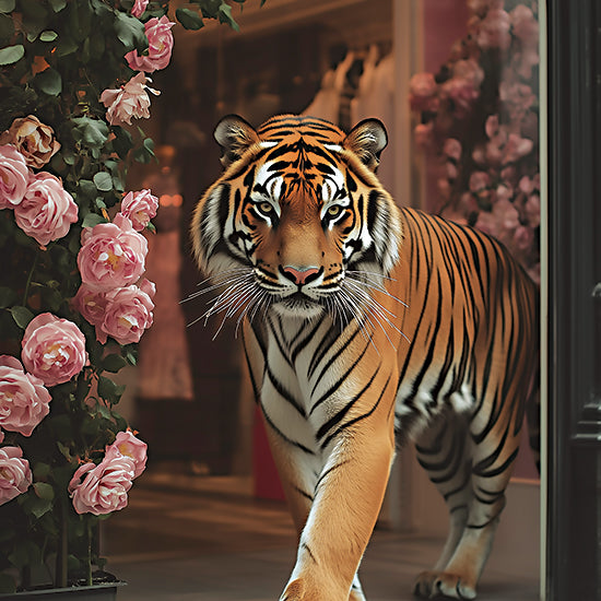 Heidi Kuntz HK514 - HK514 - Rodeo Drive Tiger - 12x12 tiger portrait, tiger walking, roses, floral doorway, moody lighting, exotic animal, wildlife fashion feel, dramatic entrance, pink roses, luxe botanical setting, fantasy animal art, elegant tiger, glamorous jungle cat, statement wall art, cinematic mood, floral wildlife fusion, warm tones from Penny Lane