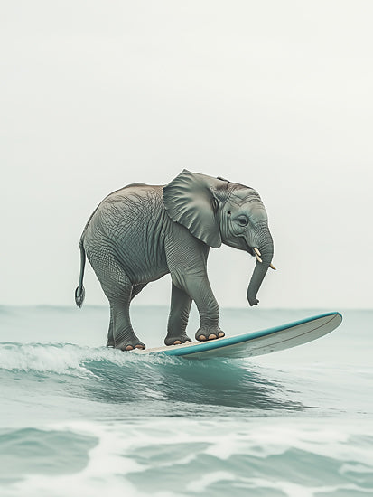 Heidi Kuntz HK517 - HK517 - Ridin' the Wave - 12x16 surfing elephant, elephant on surfboard, whimsical animal art, ocean wave, humorous wildlife, beach scene, tropical surf, playful coastal decor, surreal animal image, fun nursery art, seafoam water, sports humor, imaginative wall art, quirky animal, modern whimsical decor, light pastel palette from Penny Lane