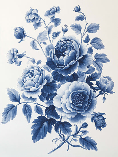 Heidi Kuntz HK528 - HK528 - Blue Porcelain Flowers 2 - 12x16 blue and white floral illustration, chinoiserie style peonies, botanical bouquet, delicate leaves and buds, hand-drawn ink wash, porcelain inspired, vintage cottage decor, elegant feminine wall art, monochrome blue floral from Penny Lane