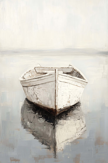 Heidi Kuntz HK537 - HK537 - Reflections in Calm 1 - 12x18 minimalist white rowboat on calm water, serene coastal scene, neutral palette, soft brush strokes, reflection in water, quiet lake horizon, modern farmhouse decor, nautical still life, peaceful mood from Penny Lane