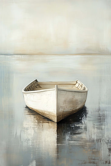 Heidi Kuntz HK538 - HK538 - Reflections in Calm 2 - 12x18 minimalist boat painting, small white dinghy on still water, soft neutral tones, hazy sky, reflection, coastal cottage decor, calm serene mood, modern farmhouse wall art, gentle brushwork from Penny Lane
