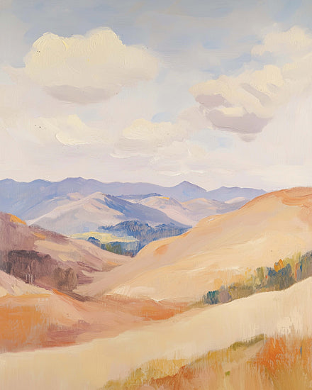 Heidi Kuntz HK545 - HK545 - In the Valley - 12x16 pastel mountain landscape, rolling hills, distant peaks, colorful valley, soft clouds, painterly mountains, warm peach tones, blue ridge horizon, uplifting scenery, decorative landscape, airy vista, modern landscape art, serene open space, pastel nature painting, inspirational view, spring hills from Penny Lane
