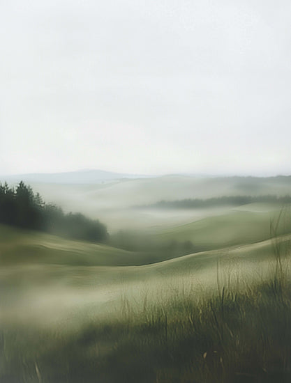 Heidi Kuntz HK551 - HK551 - Hazy Grassland - 12x16 misty hills, foggy landscape, rolling fields, moody countryside, soft green meadow, atmospheric scenery, tranquil horizon, minimalist landscape, serene nature art, diffuse light, dreamy valley, quiet morning fog, neutral green tones, peaceful rural scene, painterly field art, calming wall decor from Penny Lane