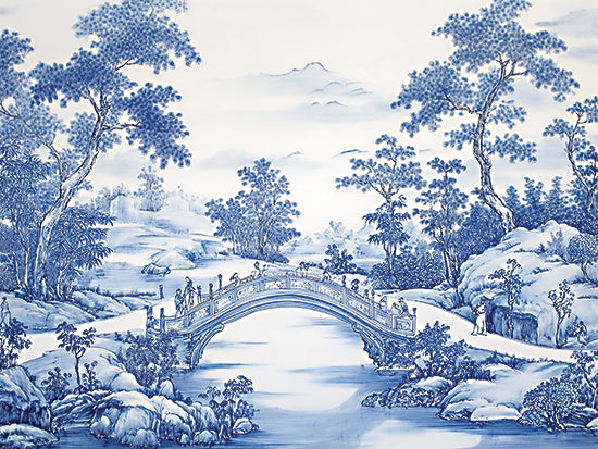 Heidi Kuntz HK577 - HK577 - Blue Toile Scene I - 16x12 blue and white chinoiserie landscape, toile style illustration, arched stone bridge over river, tiny figures crossing bridge, trees, bamboo, rocks, distant mountains, serene water, traditional asian scenic, detailed linework, monochrome blue, decorative wallpaper feel from Penny Lane
