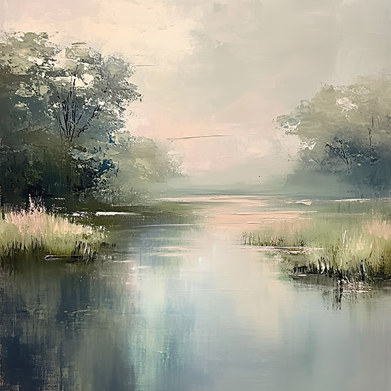 Heidi Kuntz HK580 - HK580 - Waters of Blue - 12x12 painterly marsh landscape, calm river or lake, misty morning light, soft pastel sky, reeds and grasses, impressionist brushwork, reflective water, serene nature scene, muted greens and blues, tranquil atmosphere from Penny Lane