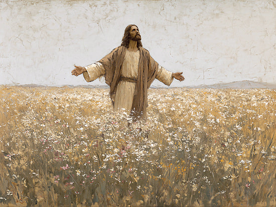 Heidi Kuntz HK634 - HK634 - He Lives    - 16x12 Jesus standing in field of flowers, open arms, religious art, serene expression, golden meadow, spiritual symbolism, pastoral background, hope and peace theme from Penny Lane
