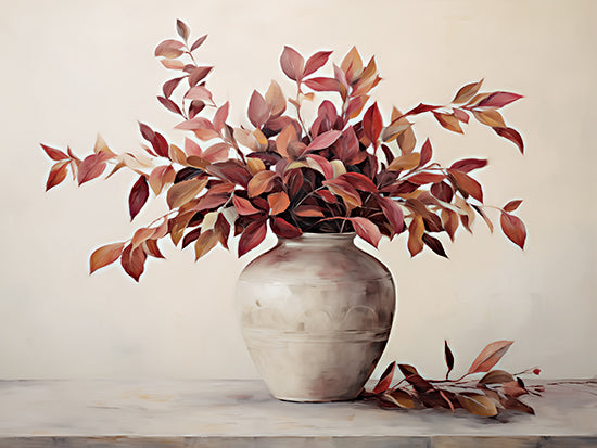 Heidi Kuntz HK649 - HK649 - Harvest's Hush - 16x12 autumn leaves, vase arrangement, still life, warm fall colors, decorative foliage, modern farmhouse decor, neutral background, painterly style, brush strokes, seasonal fall art, earthy tones, elegant vase, cozy atmosphere from Penny Lane