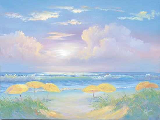 Georgia Janisse JAN347 - JAN347 - Golden Delight - 16x12 Impressionist beach landscape, yellow umbrellas, ocean horizon, glowing sun, pastel sky, soft clouds, dunes and grasses, serene coastal scene, dreamy summer mood, painterly brush strokes, bright airy palette, vacation vibe, tranquil seascape from Penny Lane