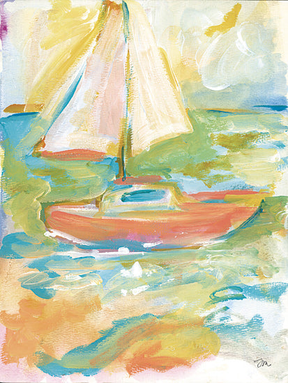 Jessica Mingo JM617 - JM617 - Sunset Sailor 1 - 12x16 colorful sailboat painting, bright green and orange palette, abstract coastal art, playful impressionism, loose brush strokes, summery seaside atmosphere from Penny Lane