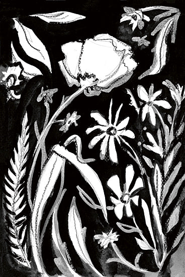 Jessica Mingo JM628 - JM628 - Shadow Blooms IV - 12x18 Monochrome floral art, black background, white flower sketches, bold botanical pattern, decorative design, expressive brush strokes from Penny Lane