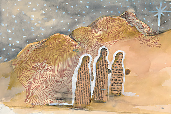Jessica Mingo JM671 - JM671 - The Guiding Star - 18x12 three wise men silhouette, collage mixed media, star of Bethlehem, nativity art, night sky, newspaper texture, abstract religious art, Christmas story symbolism from Penny Lane