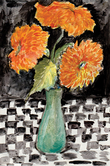 Jessica Mingo JM693 - JM693 - Simple Joys - 12x18 orange poppies, poppy bouquet, green vase, black background, checkered tablecloth, still life, watercolor, expressive brush strokes, bold orange petals, floral arrangement, modern painterly art from Penny Lane
