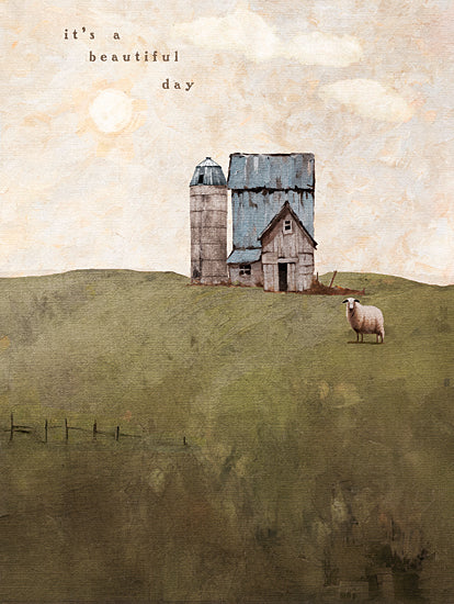 Jo Moulton JO107 - JO107 - It's a Beautiful Day   - 12x16 barn, silo, sheep, field, country, text, inspirational, whimsical from Penny Lane